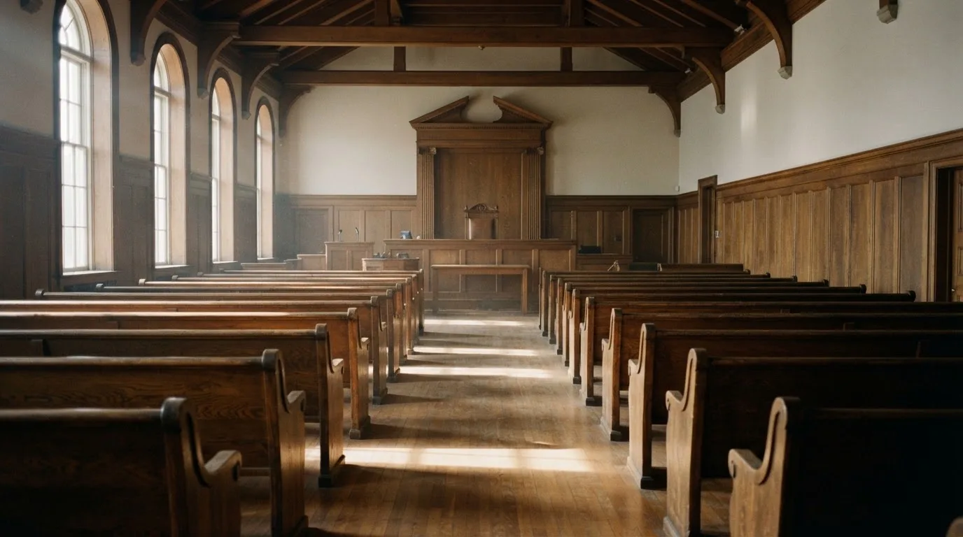 An empty courtroom with wooden benches in morning light