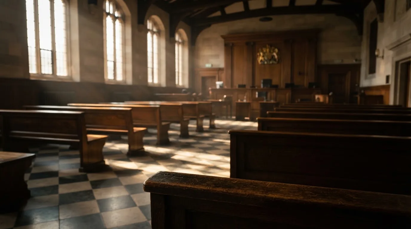 An empty courtroom with wooden benches in morning light