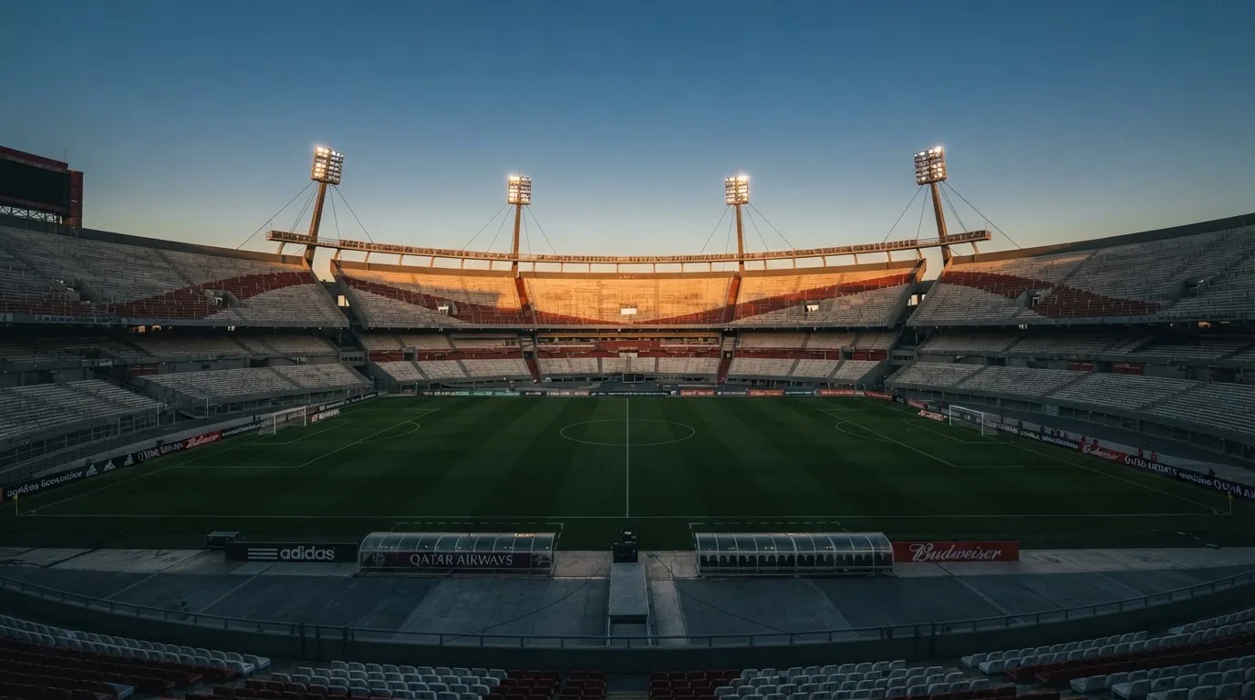 An empty football stadium with floodlight masts at dusk