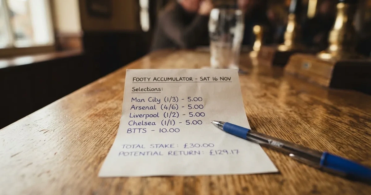 A blank paper betting slip beside a pen on a wooden counter