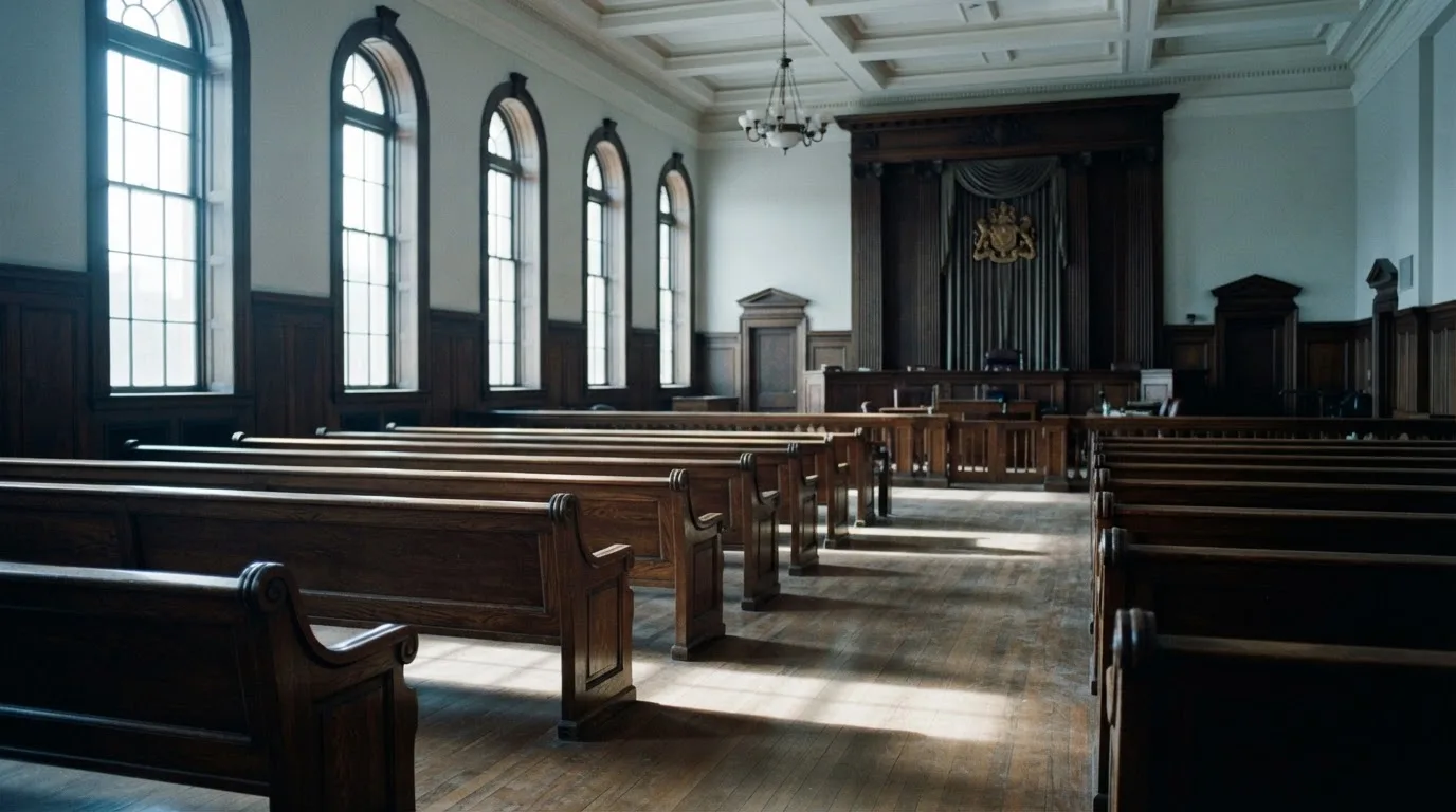 An empty courtroom with wooden benches in morning light