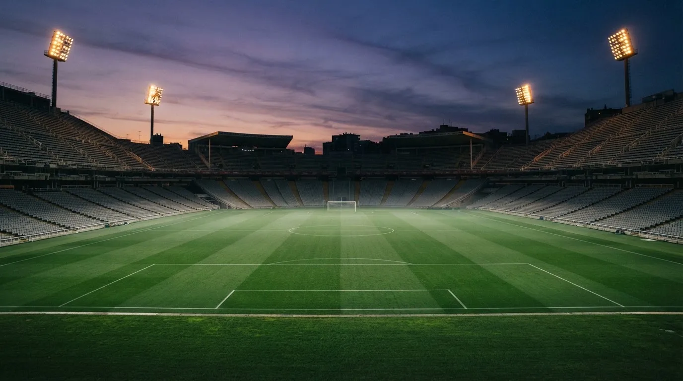 An empty football stadium with floodlight masts at dusk