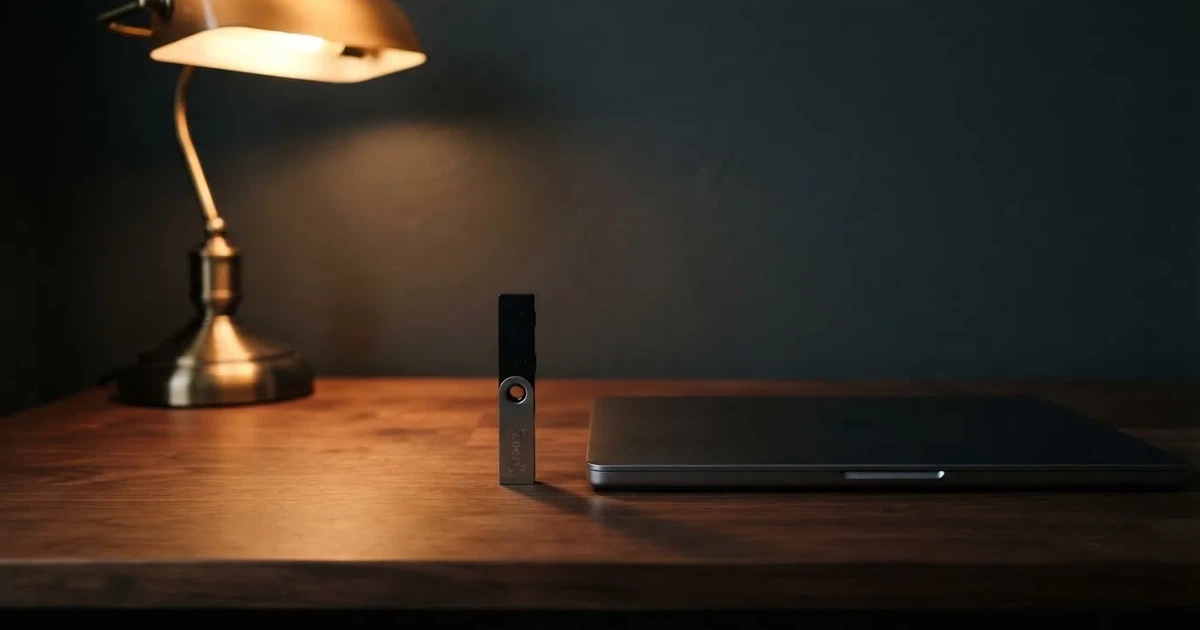 A hardware wallet and a closed laptop on a desk in dim light