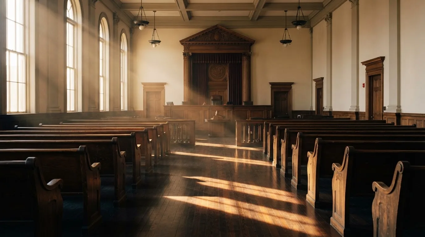 An empty courtroom with wooden benches in morning light