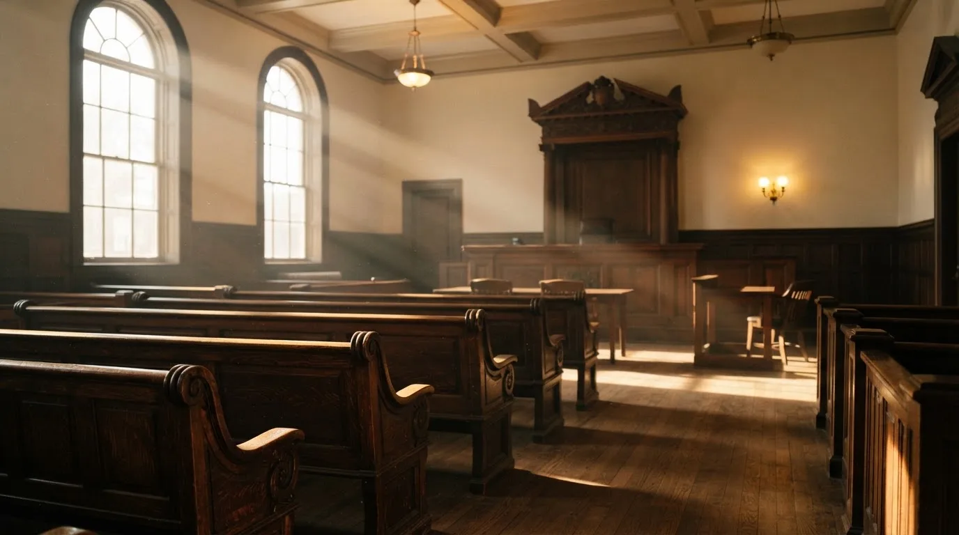 An empty courtroom with wooden benches in morning light