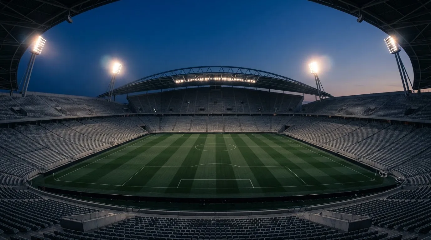An empty football stadium with floodlight masts at dusk