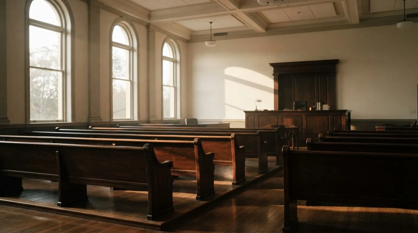 An empty courtroom with wooden benches in morning light