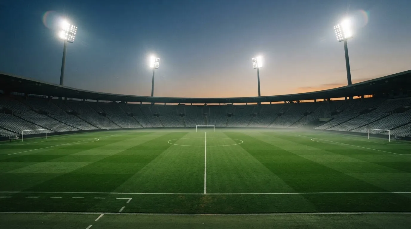 An empty football stadium with floodlight masts at dusk
