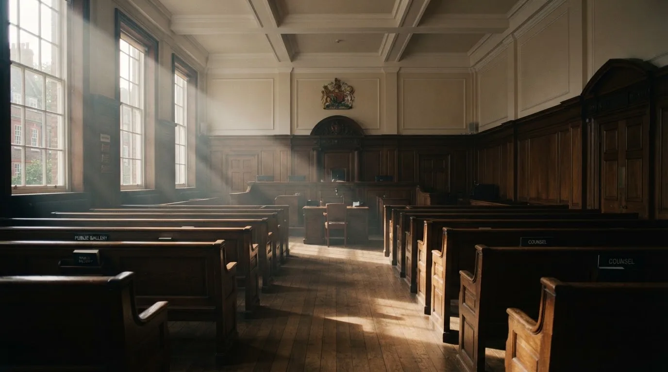 An empty courtroom with wooden benches in morning light
