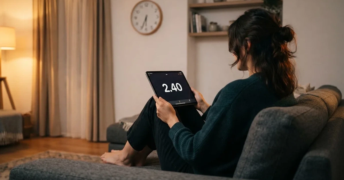 A person on a sofa looking thoughtfully at a tablet, a wall clock in the background