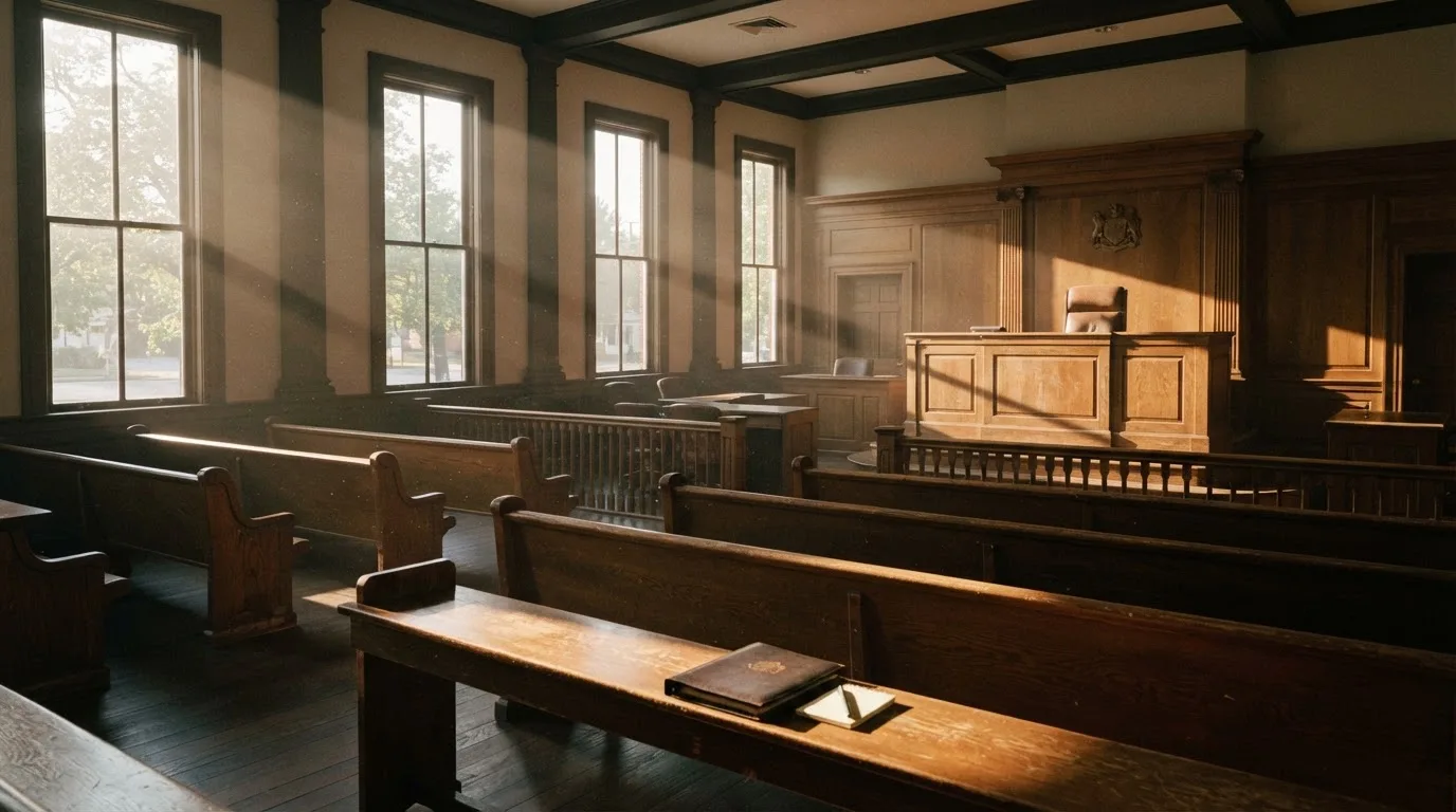 An empty courtroom with wooden benches in morning light