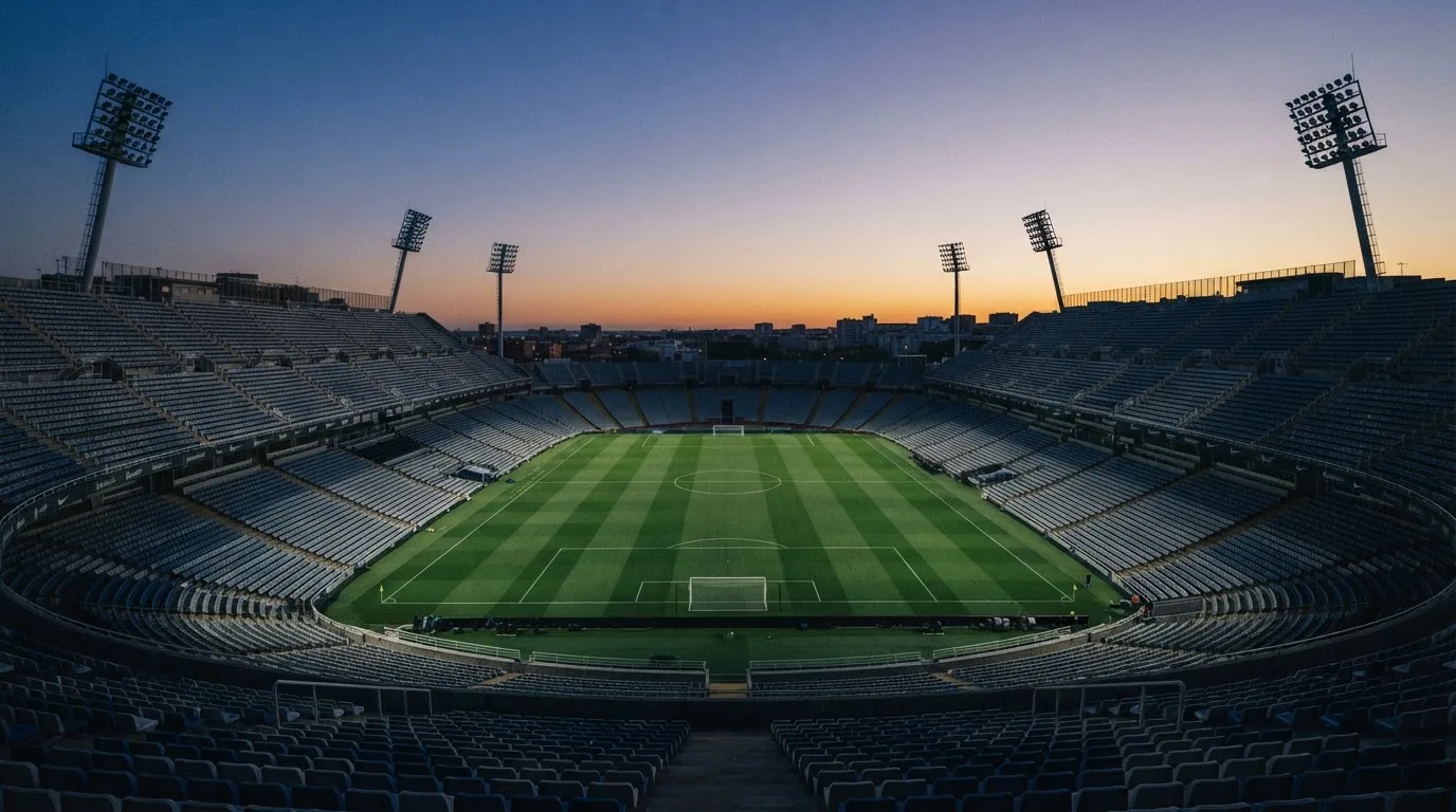An empty football stadium with floodlight masts at dusk