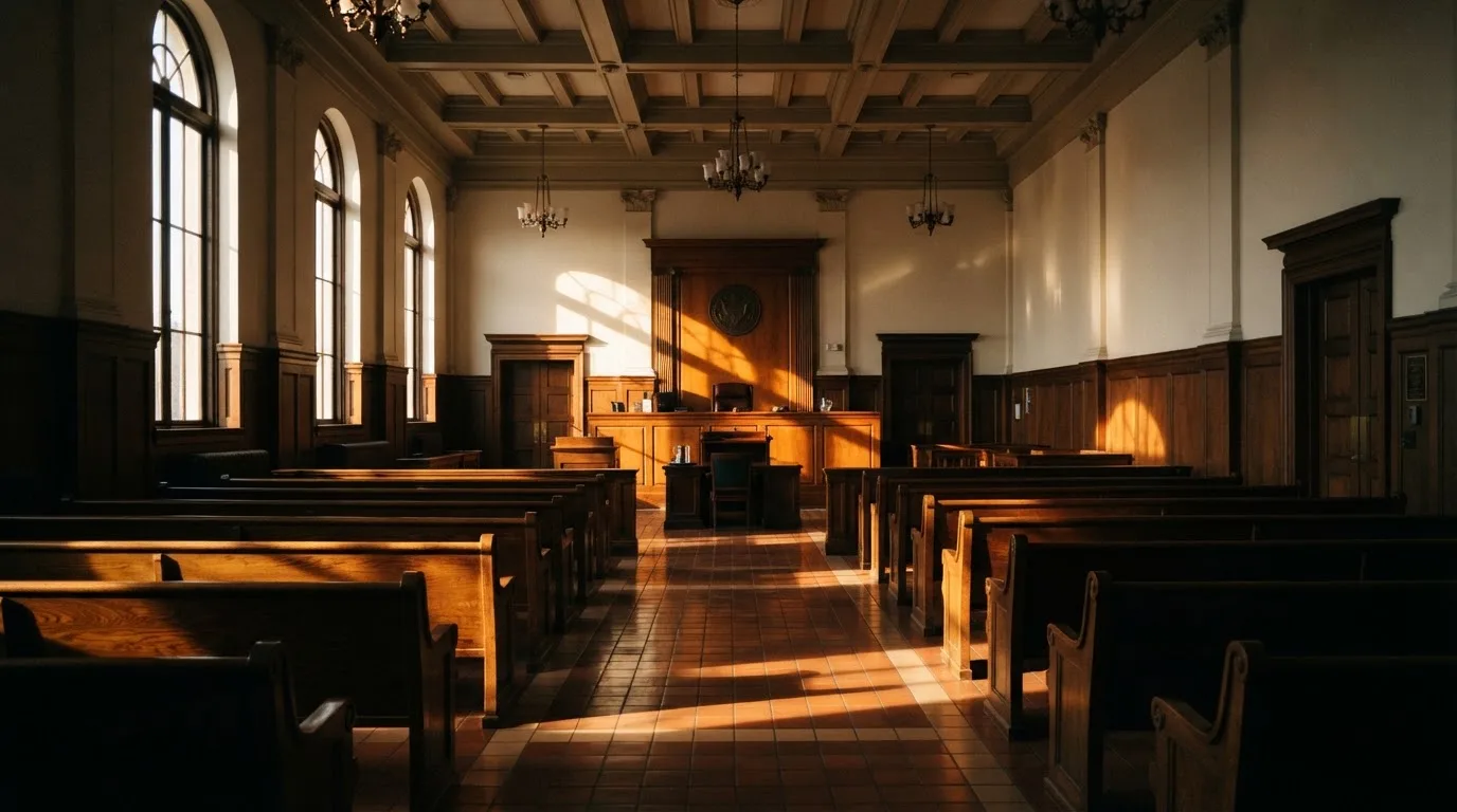 An empty courtroom with wooden benches in morning light