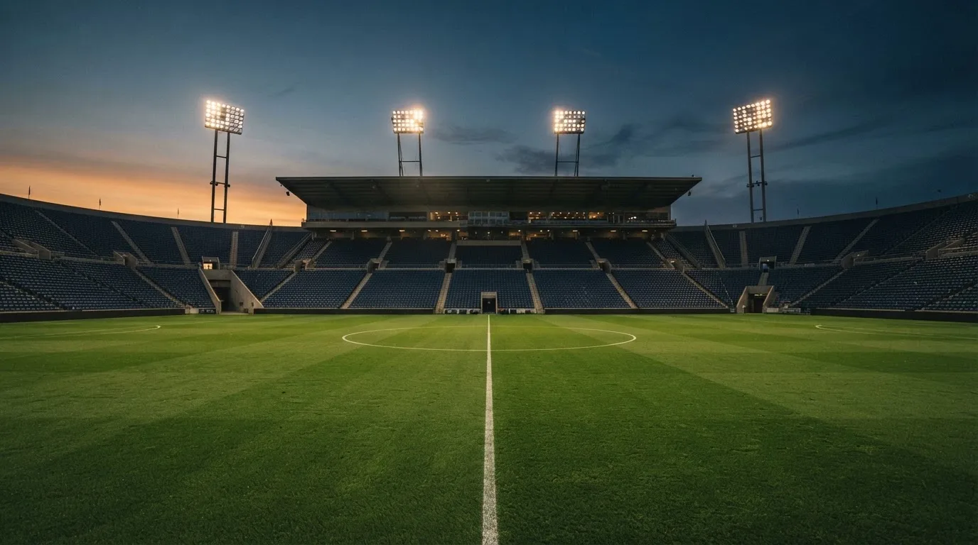 An empty football stadium with floodlight masts at dusk