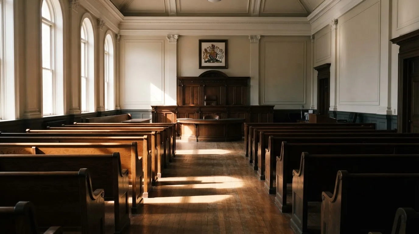 An empty courtroom with wooden benches in morning light