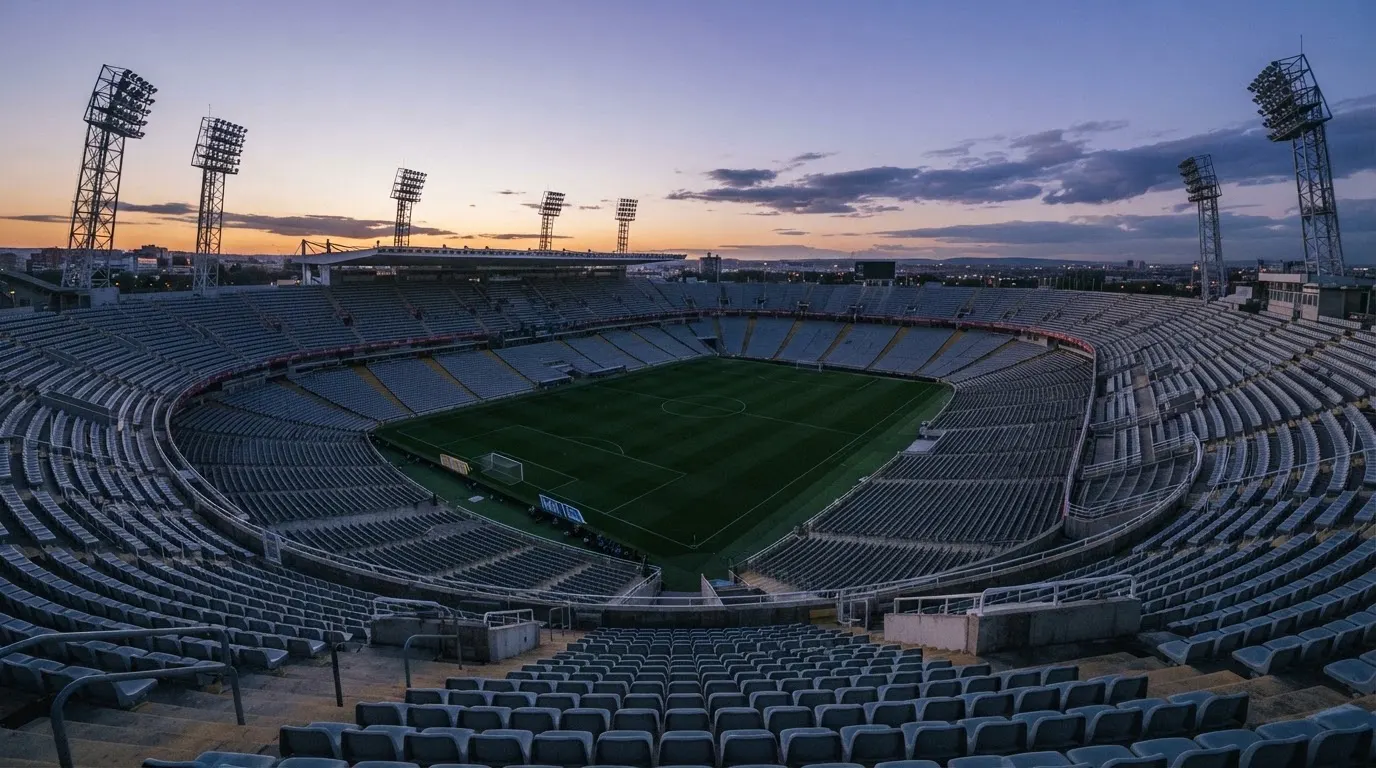 An empty football stadium with floodlight masts at dusk