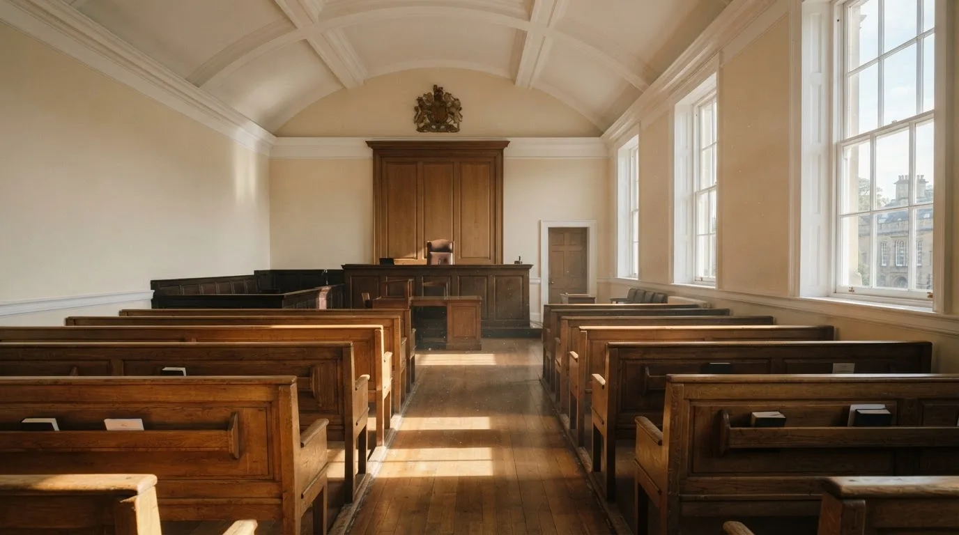 An empty courtroom with wooden benches in morning light