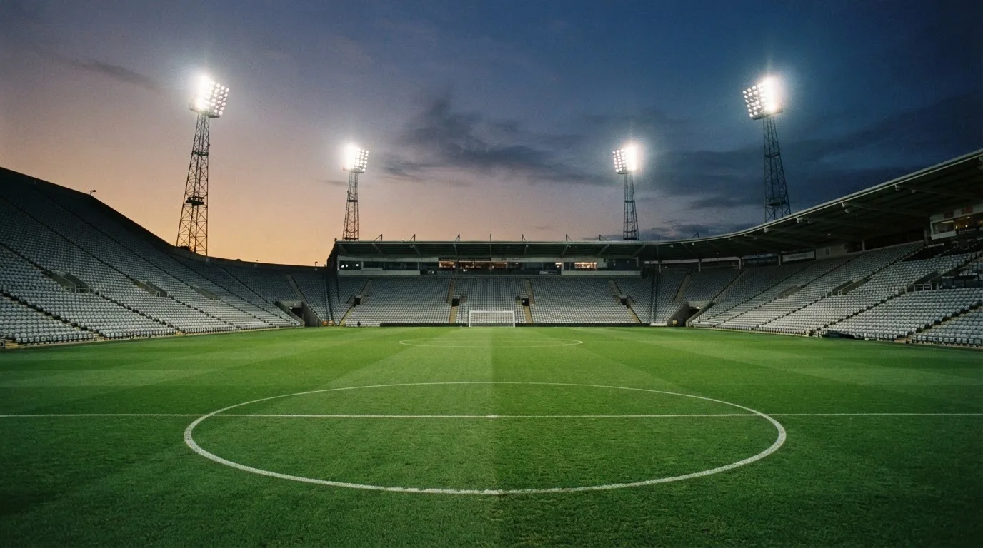 An empty football stadium with floodlight masts at dusk