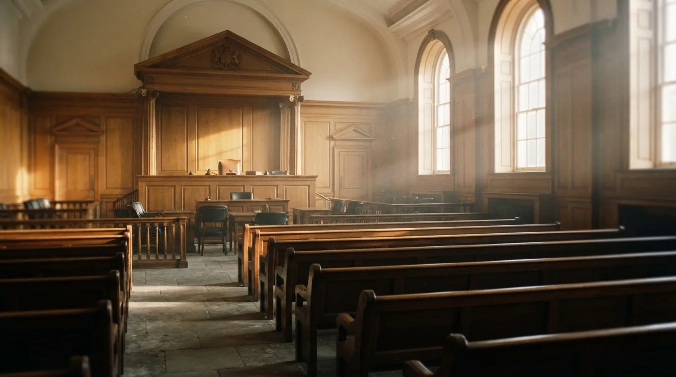 An empty courtroom with wooden benches in morning light