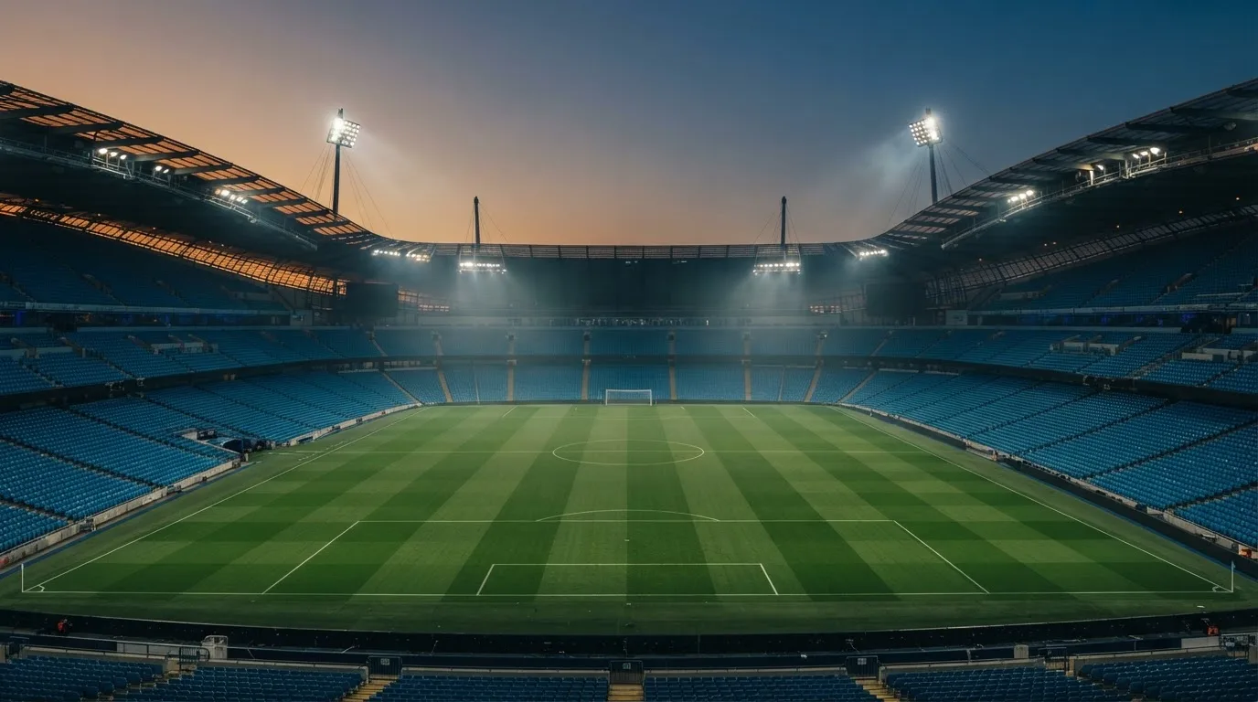 An empty football stadium with floodlight masts at dusk