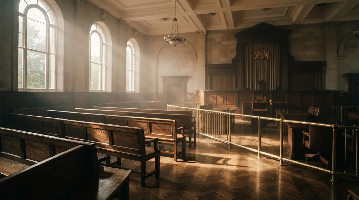 An empty courtroom with wooden benches in morning light