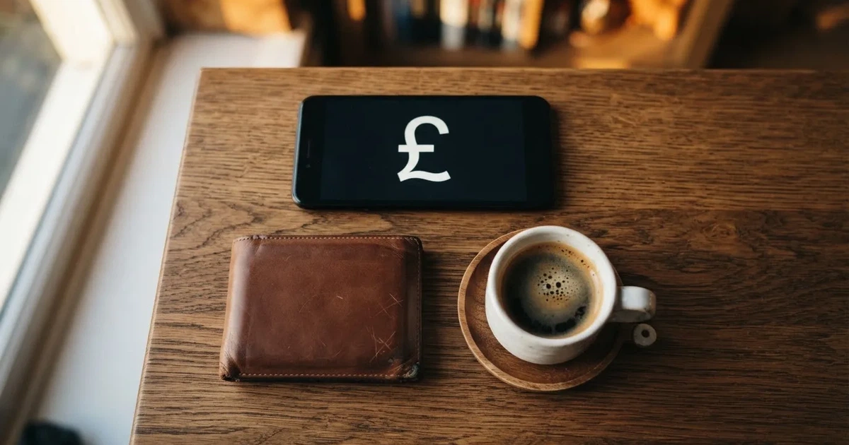 A smartphone on a wooden table beside a wallet and a coffee cup