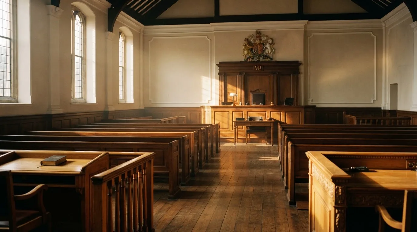 An empty courtroom with wooden benches in morning light