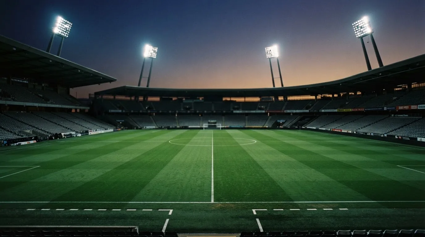 An empty football stadium with floodlight masts at dusk