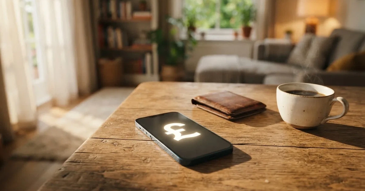 A smartphone on a wooden table beside a wallet and a coffee cup