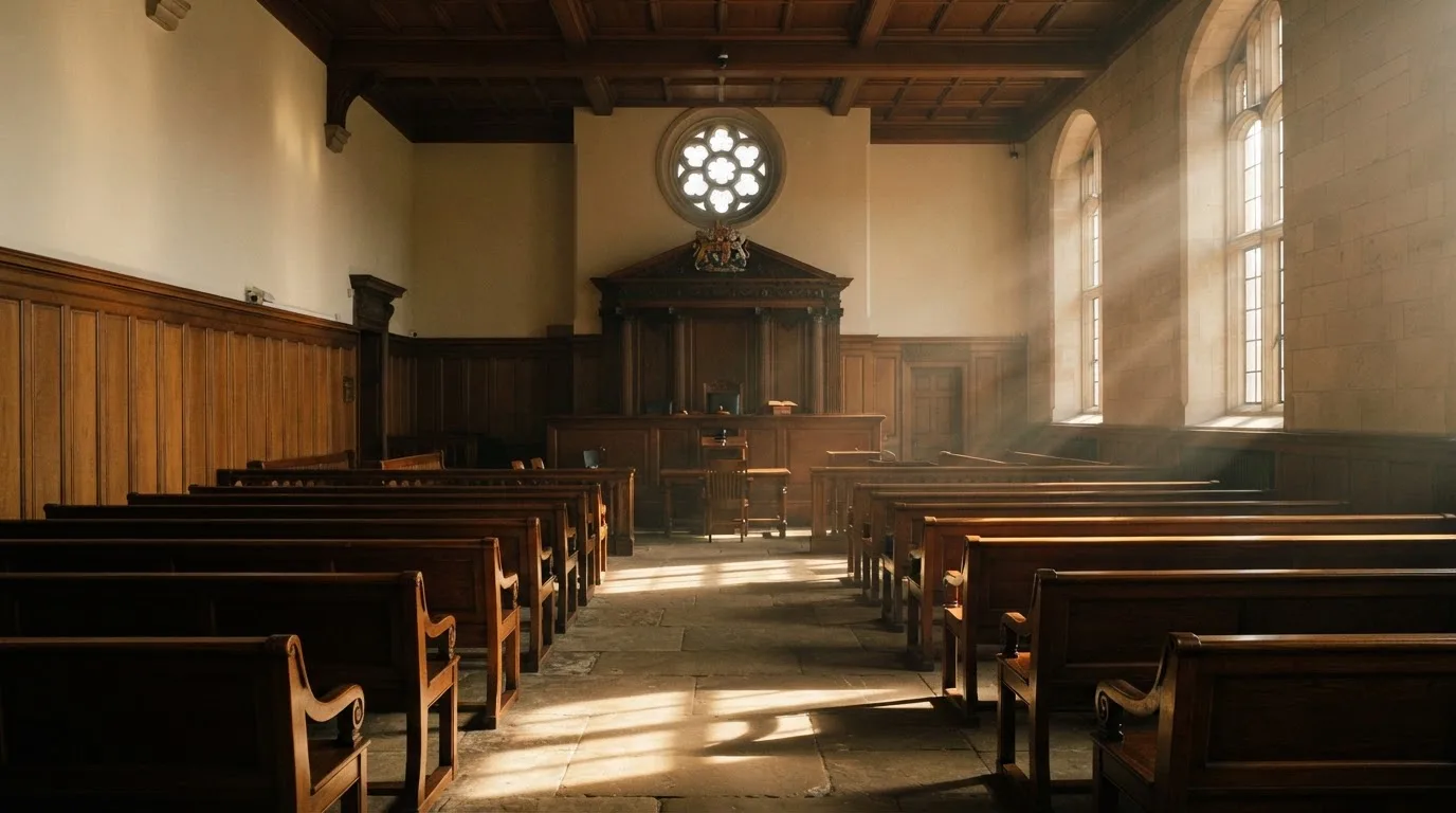 An empty courtroom with wooden benches in morning light