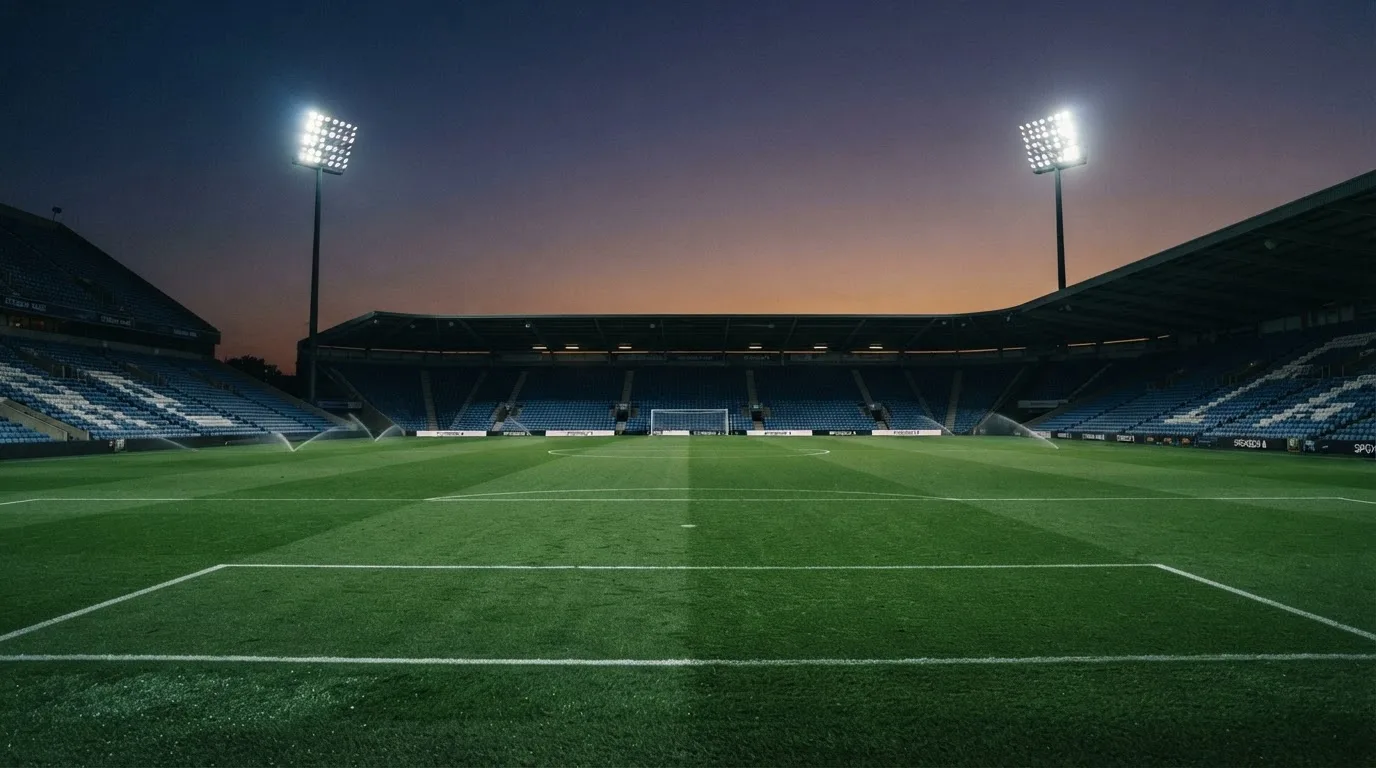 An empty football stadium with floodlight masts at dusk