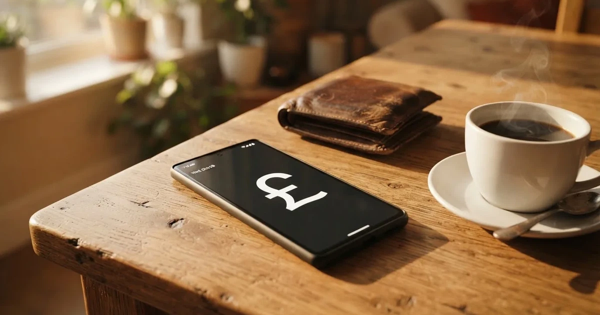 A smartphone on a wooden table beside a wallet and a coffee cup