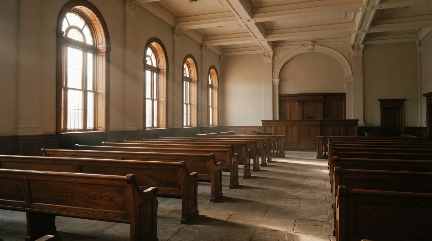 An empty courtroom with wooden benches in morning light