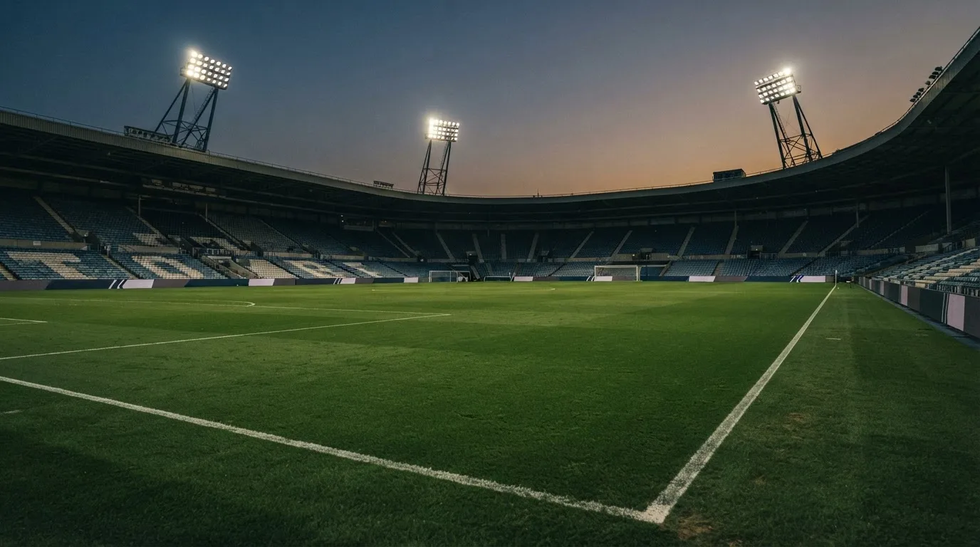An empty football stadium with floodlight masts at dusk
