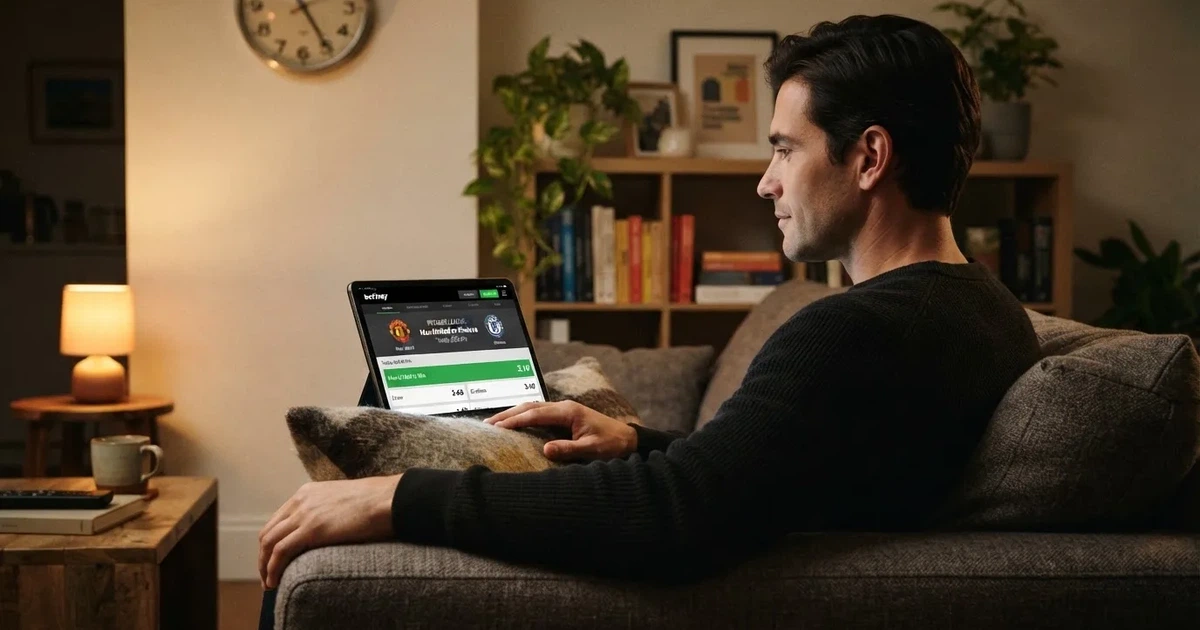 A person on a sofa looking thoughtfully at a tablet, a wall clock in the background