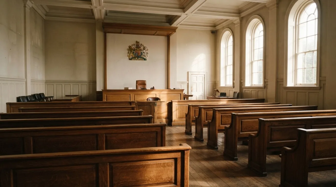 An empty courtroom with wooden benches in morning light
