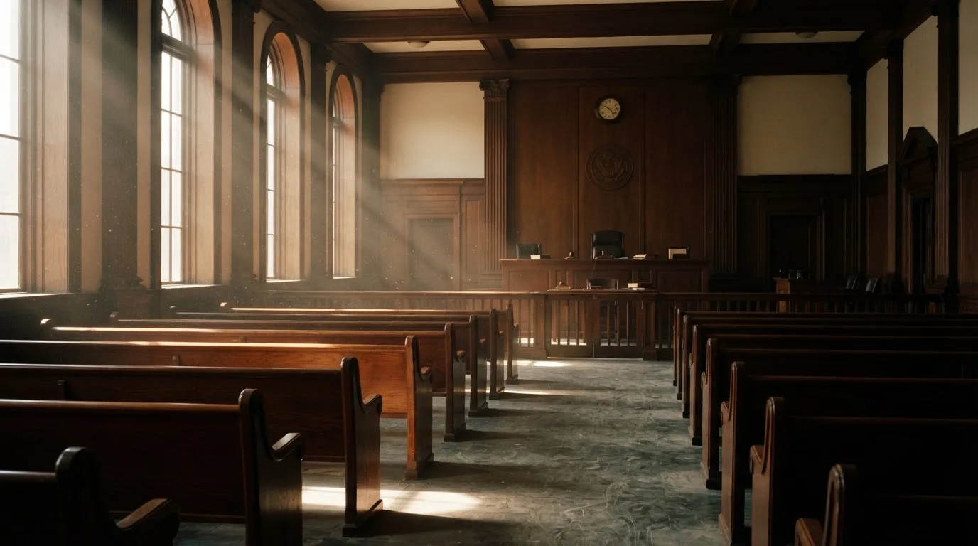 An empty courtroom with wooden benches in morning light
