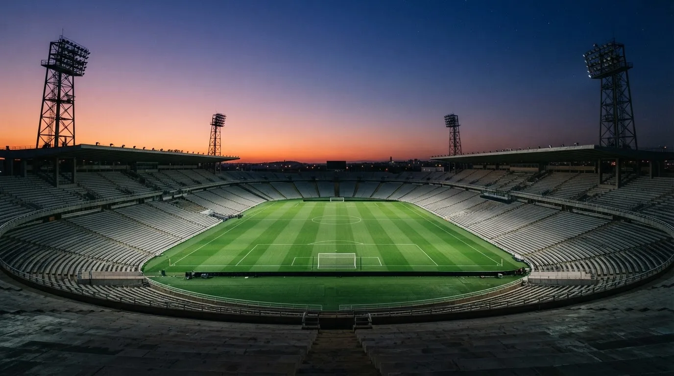 An empty football stadium with floodlight masts at dusk