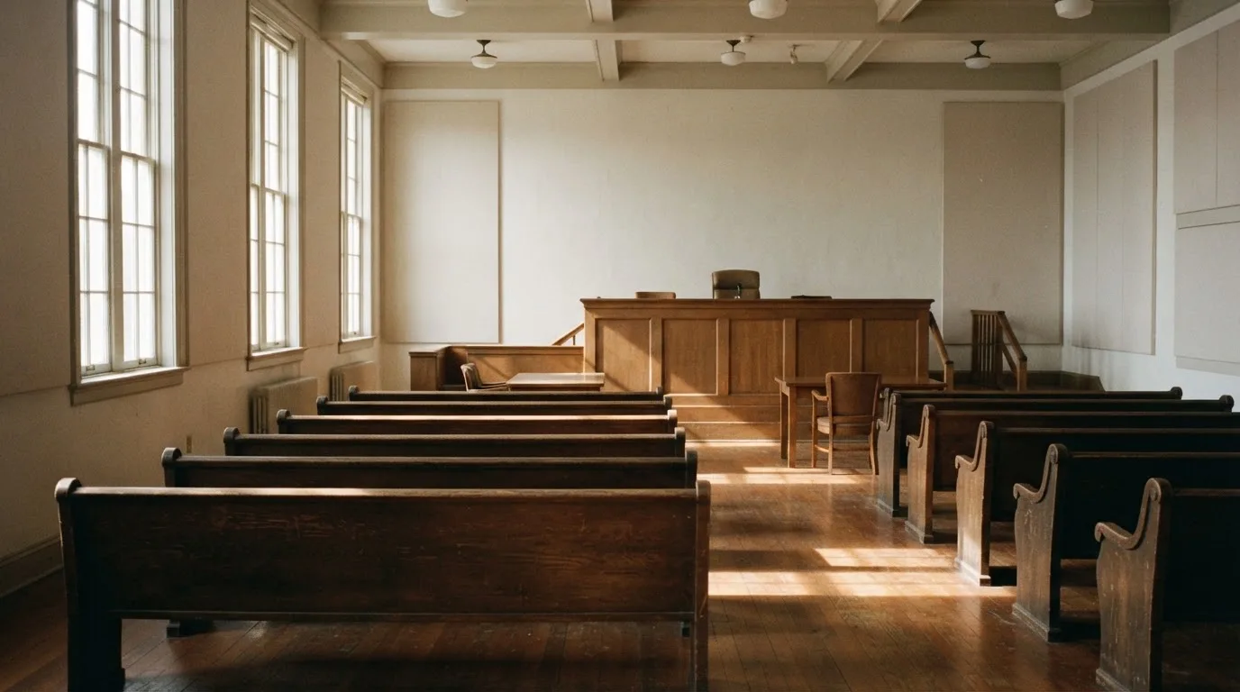 An empty courtroom with wooden benches in morning light