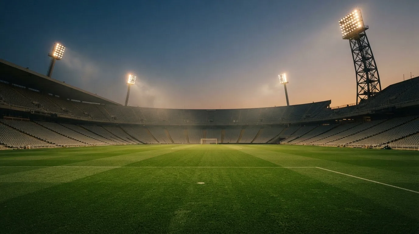 An empty football stadium with floodlight masts at dusk