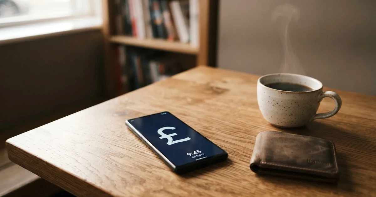 A smartphone on a wooden table beside a wallet and a coffee cup