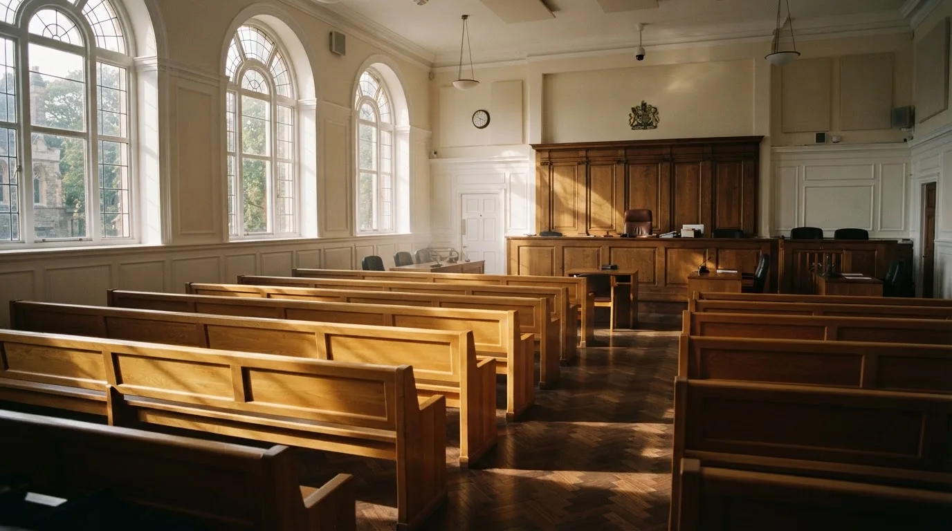 An empty courtroom with wooden benches in morning light