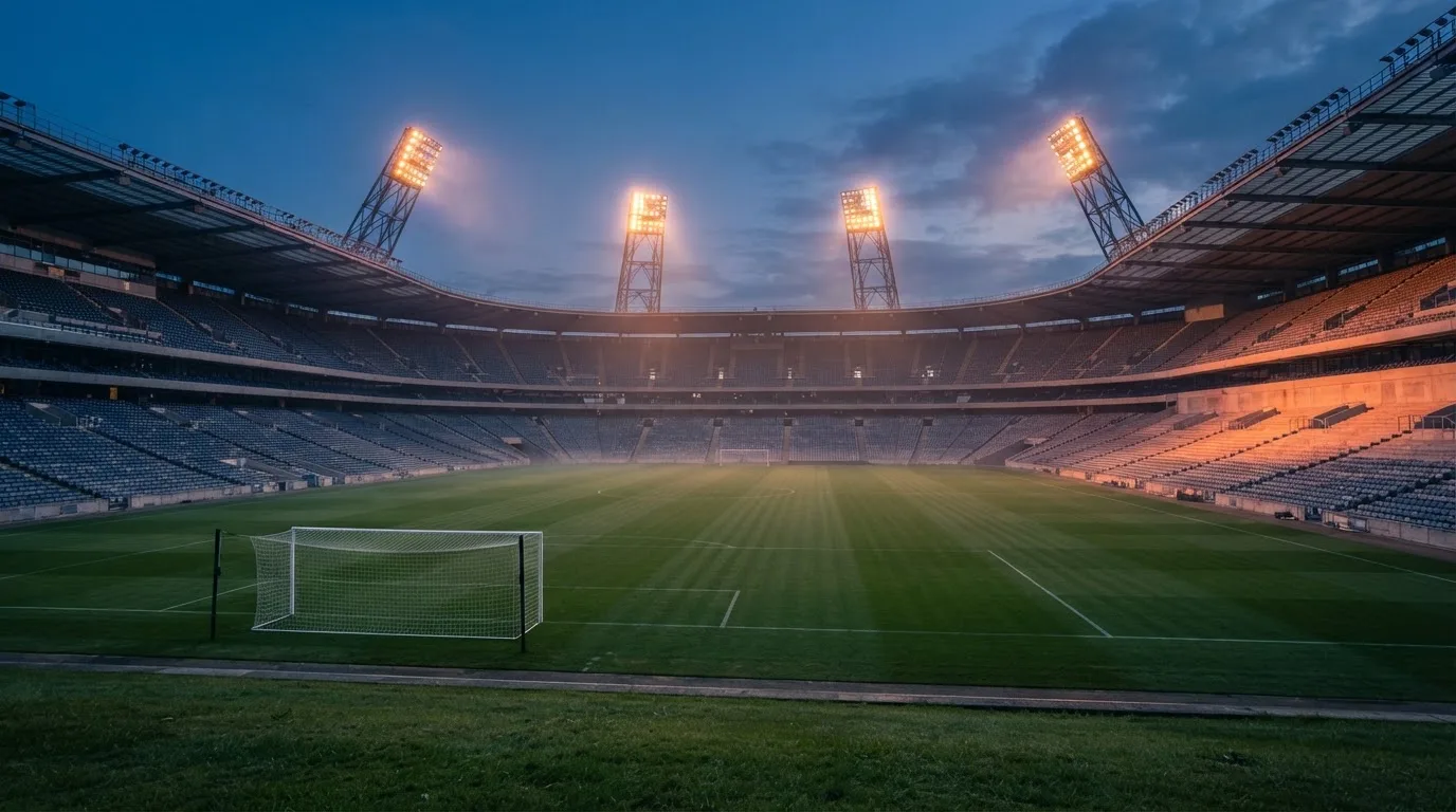 An empty football stadium with floodlight masts at dusk