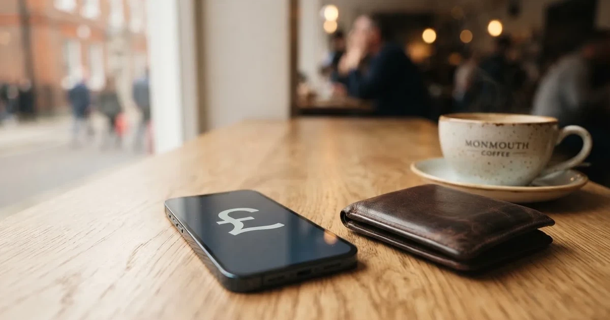 A smartphone on a wooden table beside a wallet and a coffee cup