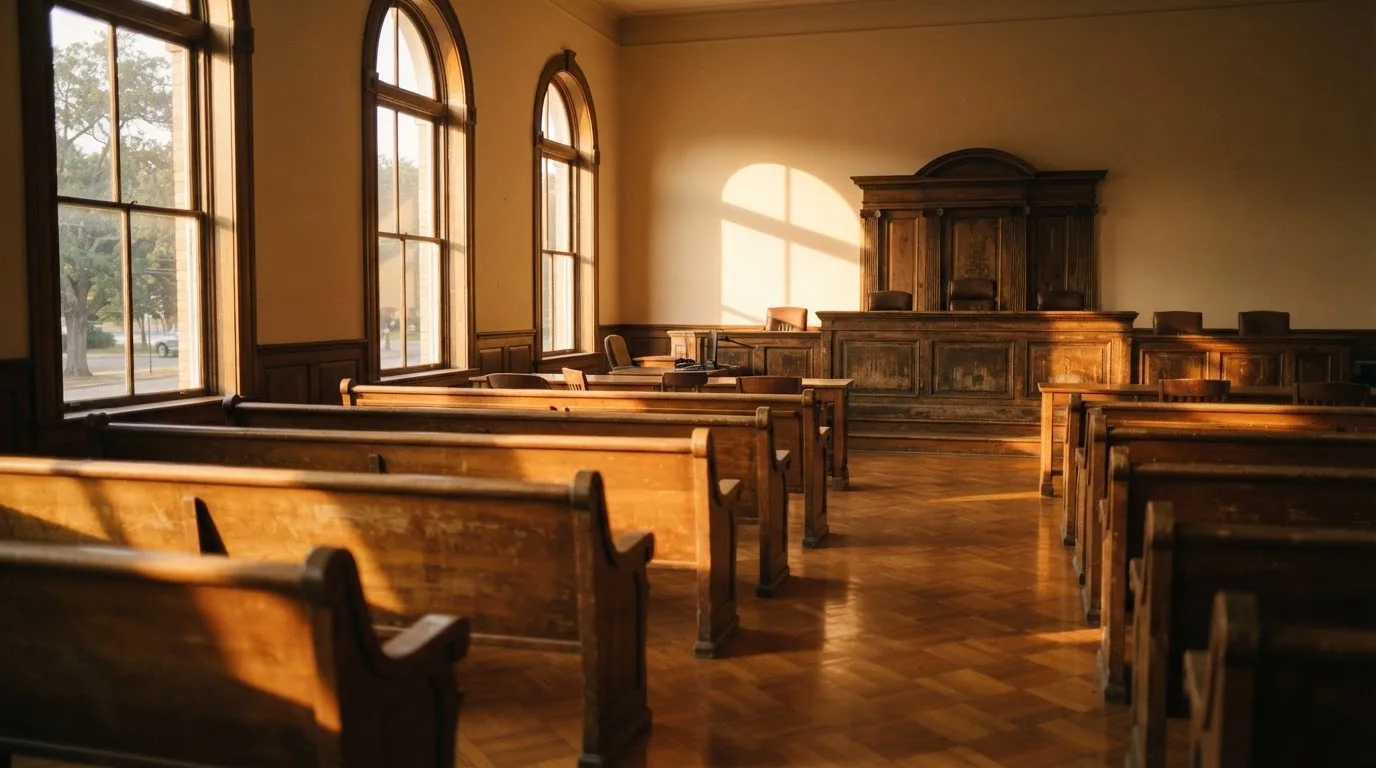 An empty courtroom with wooden benches in morning light