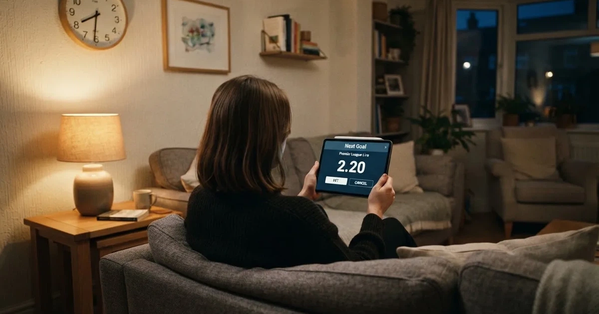 A person on a sofa looking thoughtfully at a tablet, a wall clock in the background