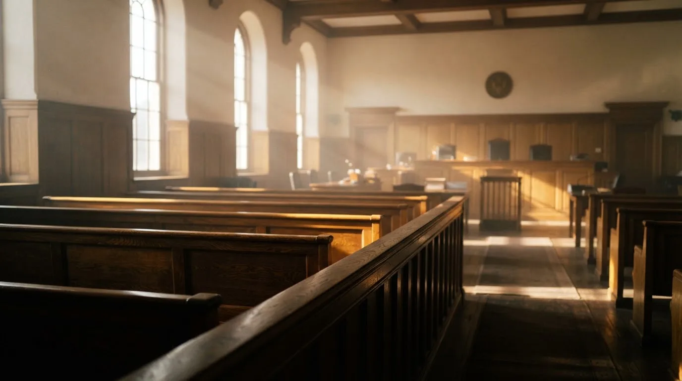 An empty courtroom with wooden benches in morning light