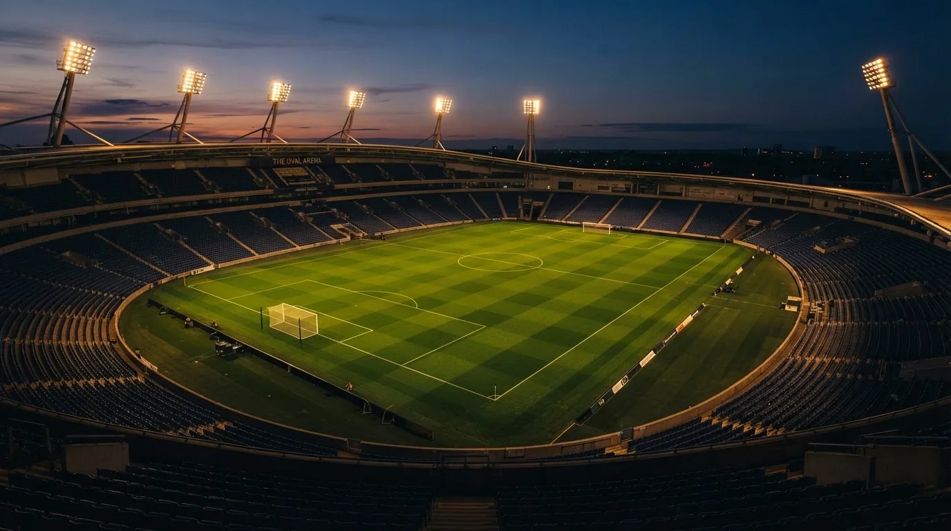 An empty football stadium with floodlight masts at dusk