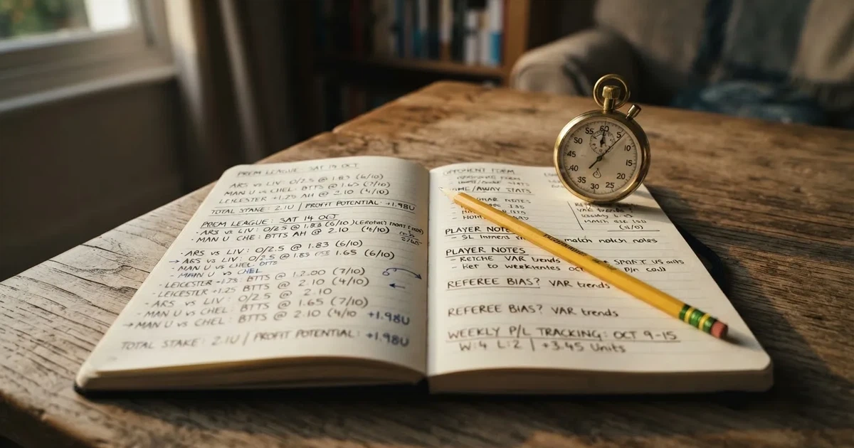An open notebook with a pencil and a stopwatch on a wooden table