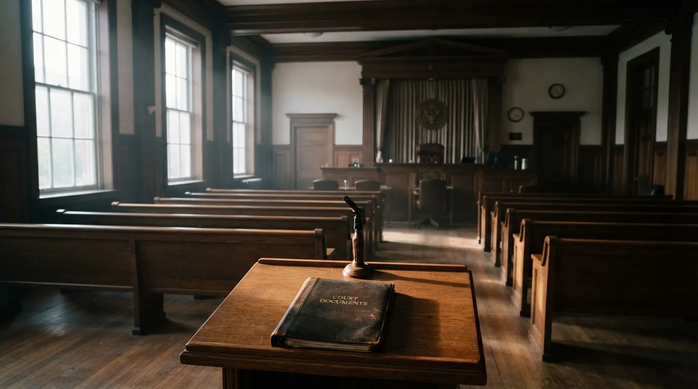 An empty courtroom with wooden benches in morning light
